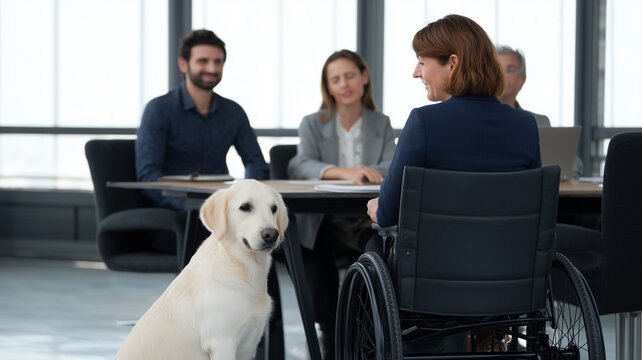 Businesswoman wheelchair service dog office meeting teamwork professional support happy collaboration modern workspace - Powered by Adobe