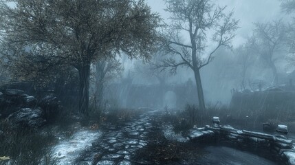 Naklejka premium Misty, stone path through a wintry forest