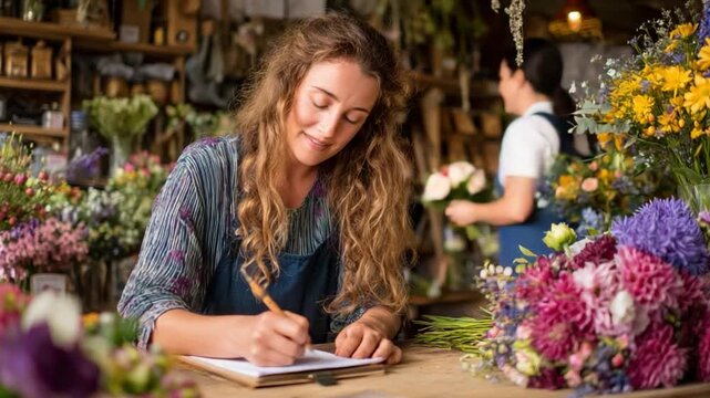 Blossom Boutique: A floral artisan, immersed in her craft, meticulously scribes notes amidst the vibrant hues and delicate textures of her botanical haven.