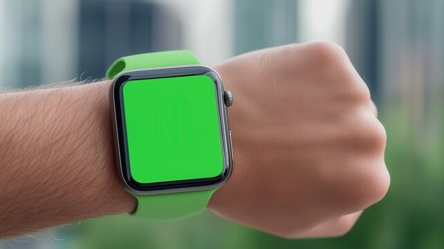 Close up of a businessman's smartwatch wearing a hand with a green screen, ideal for showcasing apps or designs - Powered by Adobe