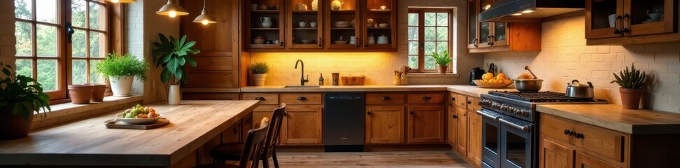 Rustic wooden kitchen cabinets, warm lighting, shelves, retro