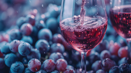 Pouring red wine into a glass, set against a background of fresh, juicy purple and red grapes.