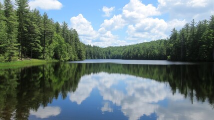 Obraz premium Serene lake reflecting a sky filled with clouds, surrounded by dense forest