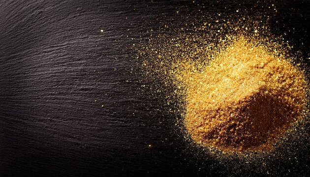 Golden glitter powder on black slate stone background with copy space. Generated image