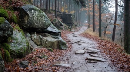 Misty forest path winds through rocky terrain