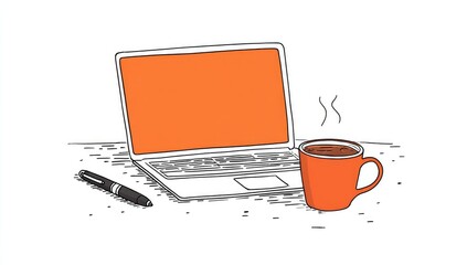 Hand-drawn laptop, orange mug of coffee, and pen on a tabletop
