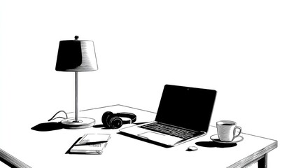 Desk scene, laptop, lamp, headphones, coffee
