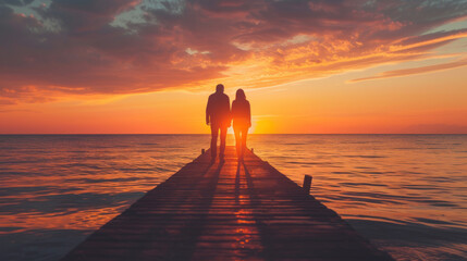 Silhouette of a couple walking on a wooden pier at sunset, with an ocean backdrop of warm colors.