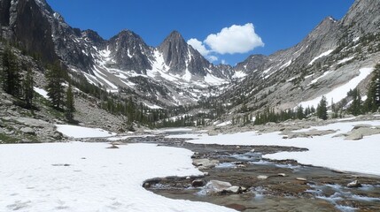 Mountain valley with snow and clear blue sky