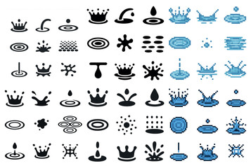 Obraz premium Water splash silhouette icons set – solid, filled, aquatic and fluid design symbols