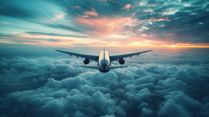 Naklejka premium Flying above a sea of clouds as the sun sets on the horizon, painting the sky with vibrant colors.