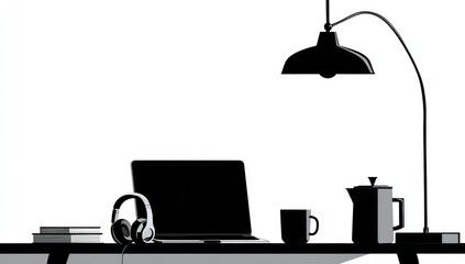 Silhouette of a minimalist workspace with laptop, lamp, and accessories
