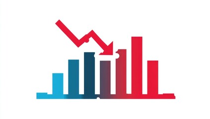 Declining bar graph, red downward trend