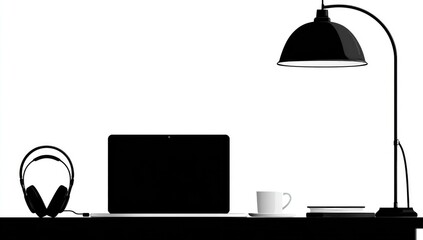Black laptop, headphones, lamp, and cup on a desk