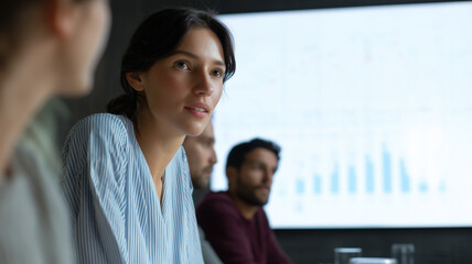 Businesswoman team meeting discussion analysis strategy focus professional office presentation graph teamwork planning