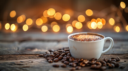 Obraz premium Cozy coffee break with festive lights, warm drink, and aromatic beans. A moment of joy and simple pleasures.