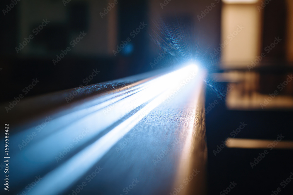 Poster narrow beam of cold light slices into darkness, creating dramatic and mysterious atmosphere with glo