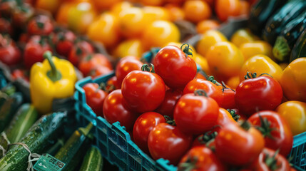 Fresh vegetables at the market: Red and yellow tomatoes, zucchinis, and yellow bell pepper are on display.