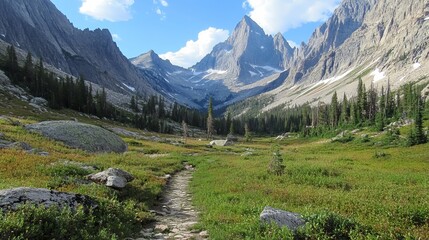 Fototapeta premium Mountain valley trail winds through wildflowers and coniferous forest