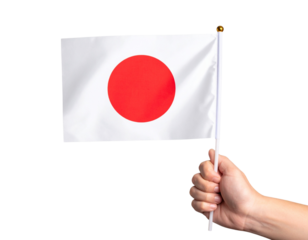Hand Holding Small Japanese Flag on Stick, Centered Front View, Isolated PNG.