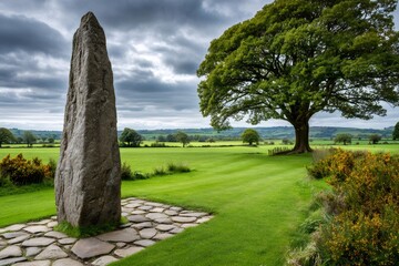 Standing stone emerging from green meadow under cloudy sky