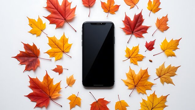Smartphone Surrounded by Colorful Autumn Maple Leaves Flat Lay on White Background Modern Technology and Seasonal Change
