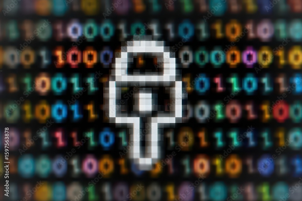 Poster data security pixelated robotic key in binary, internet safety, technology