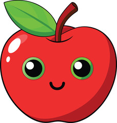 Cute Kawaii Red Apple with Big Eyes &ndash; Happy Cartoon Fruit Vector