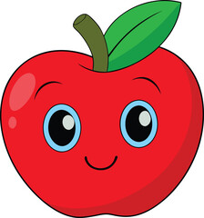 Smiling Cartoon Red Apple with Blue Eyes – Cute Fruit Character Illustration