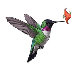 Obraz premium Colorful illustration of a hummingbird feeding on nectar from a red flower isolated