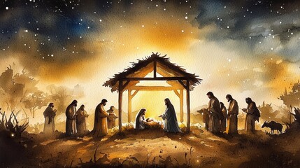 A serene watercolor depiction of the nativity scene. © Zembeco