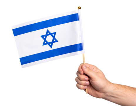 Hand Holding Mini Israel Flag with Wooden Stick, Slight Angle View, Isolated PNG .
