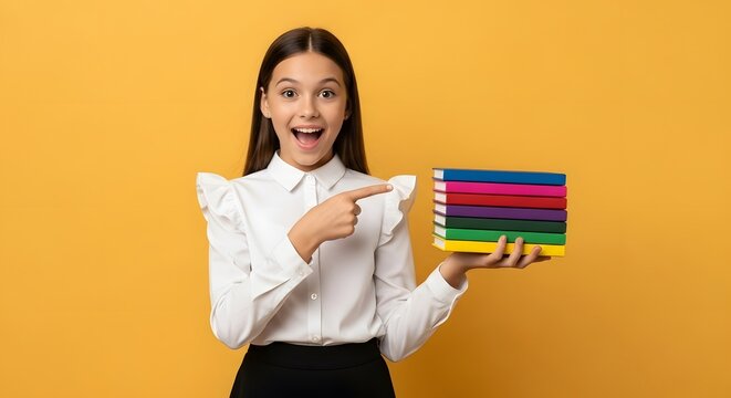 Excited girl pointing at stack of colorful books against yellow background