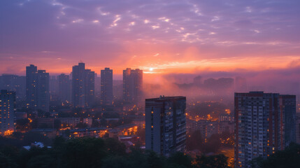 Fototapeta premium Cityscape at dawn with colorful sky and fog, showcasing urban architecture and the beauty of early morning.