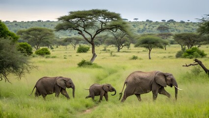 Obraz premium A family of elephants walks across the grassy plains of africa