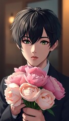 A handsome anime man holding a bouquet of peonies flowers, wallpaper, art print