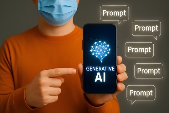 Person wearing a mask points to a smartphone displaying generative ai and prompts
