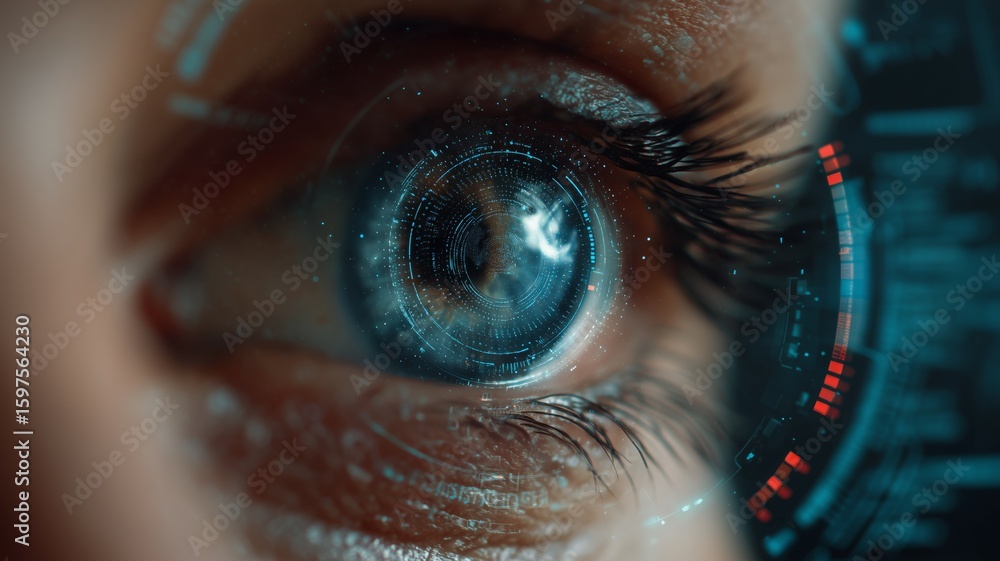 Poster advanced biometric technology showcasing an eye scanning system for secure identification