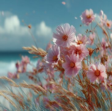 Dreamy Pastel Landscape of Pink Flowers Swaying in Wind, Floating Petals Against Blue Sky and White Clouds, Surreal Sunny Meadow Scene
