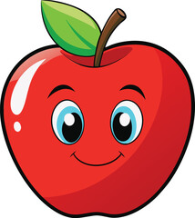 Smiling Red Apple Cartoon with Leaf &ndash; Happy Fruit Face Vector Art