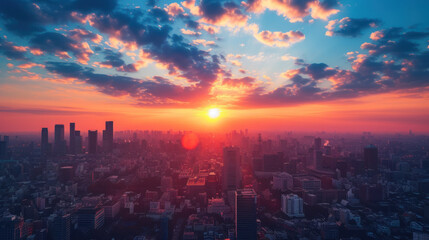 Obraz premium Urban panorama bathed in the vibrant hues of sunset, skyline emerges, a serene cityscape from high above.