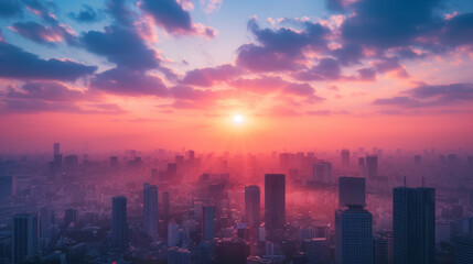 Fototapeta premium Cityscape at Sunrise: Skyscrapers silhouetted against a vibrant sky, a skyline bathed in the dawn's first light.