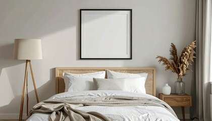 Contemporary Bedroom Mockup with Blank Frame Hanging Above Bed in Cozy and Stylish Interior Design with Neutral Tones