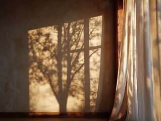 A large tree is casting a shadow on a wall. The wall is made of brick and the tree is tall and leafy. The shadow is long and stretches across the wall
