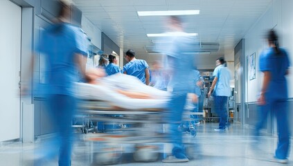 Hospital hallway bustle. Blurred motion of medical personnel transporting a patient