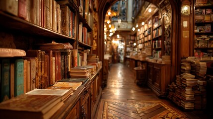 Dim bookstore corridor with focused light on open book and left shelf fading into darkness, conveying quiet exploration and literary depth.