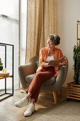 Cozy afternoon moments with a senior woman enjoying a book by the window at home
