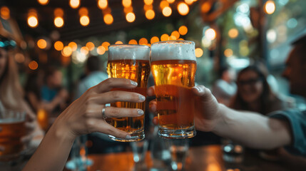 A celebratory toast with two frothy beers under warm, inviting string lights at a lively gathering.