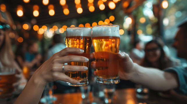A celebratory toast with two frothy beers under warm, inviting string lights at a lively gathering.