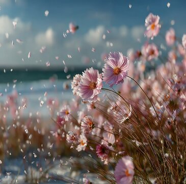 Dreamy Pastel Landscape of Pink Flowers Swaying in Wind, Floating Petals Against Blue Sky and White Clouds, Surreal Sunny Meadow Scene